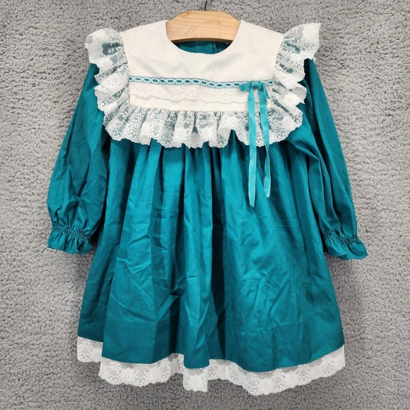 Vintage Bryan Girls 2T Dress Teal Lace Trimmed Collar Bow Button Back Kids - Picture 1 of 6
